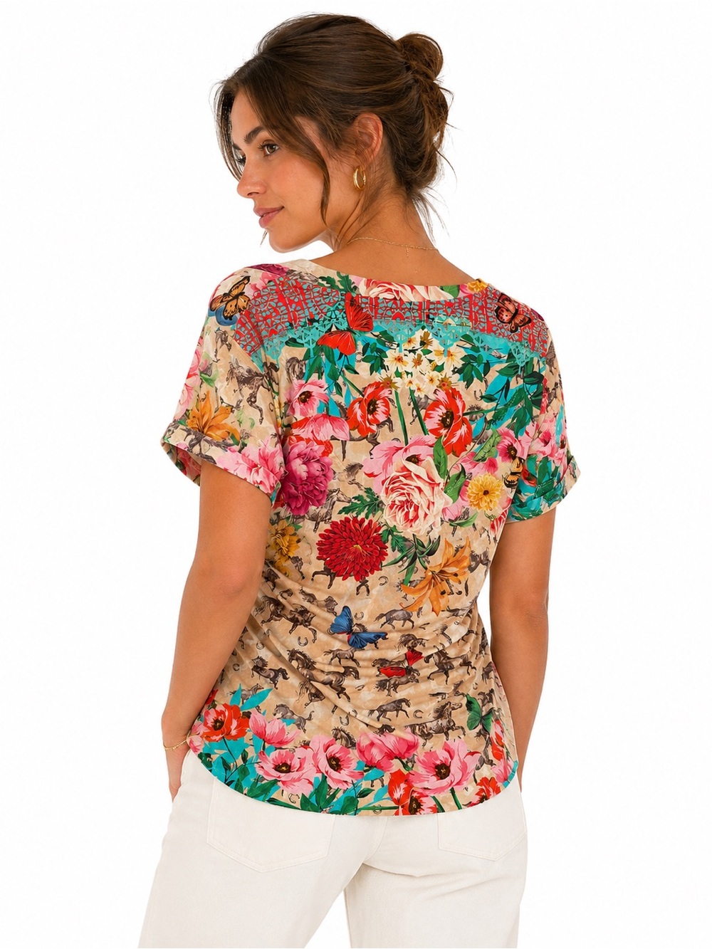 Johnny Was Beige V-Neck Floral Equestrian Butterfly Print Short Sleeve Top XS